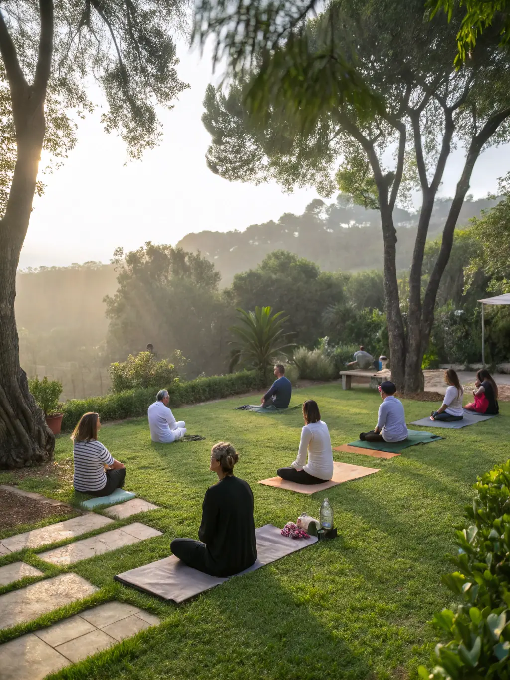 A peaceful outdoor setting with lush greenery and sunlight filtering through the trees, symbolizing the connection to nature and inner peace fostered during Spiritual Wellness Guidance sessions at Healing Flow: By Divine Design.