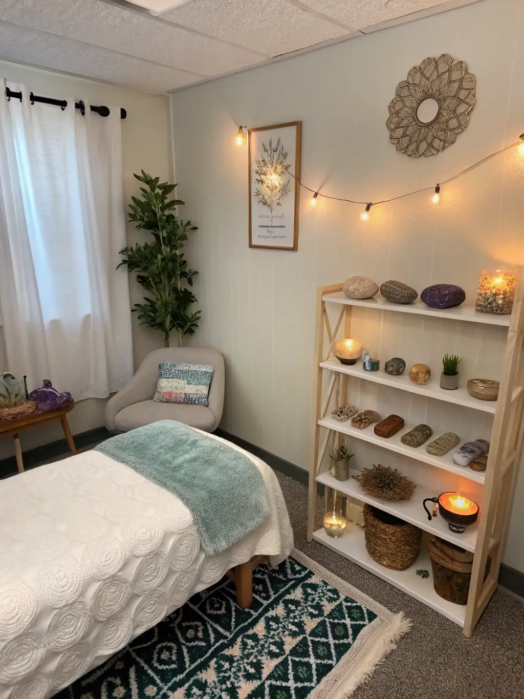 A serene and calming therapy room with soft lighting and comfortable seating, representing the safe space provided for Trauma-Informed Care at Healing Flow: By Divine Design.