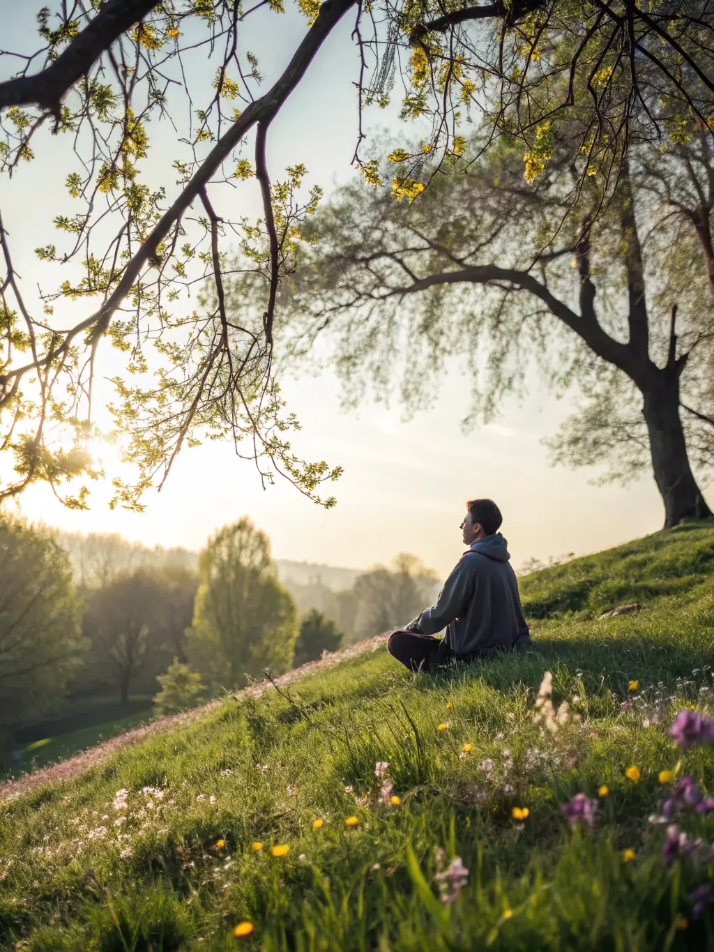 A radiant image of a person meditating peacefully in a sunlit natural setting, embodying the spiritual wellness guidance offered at Healing Flow.