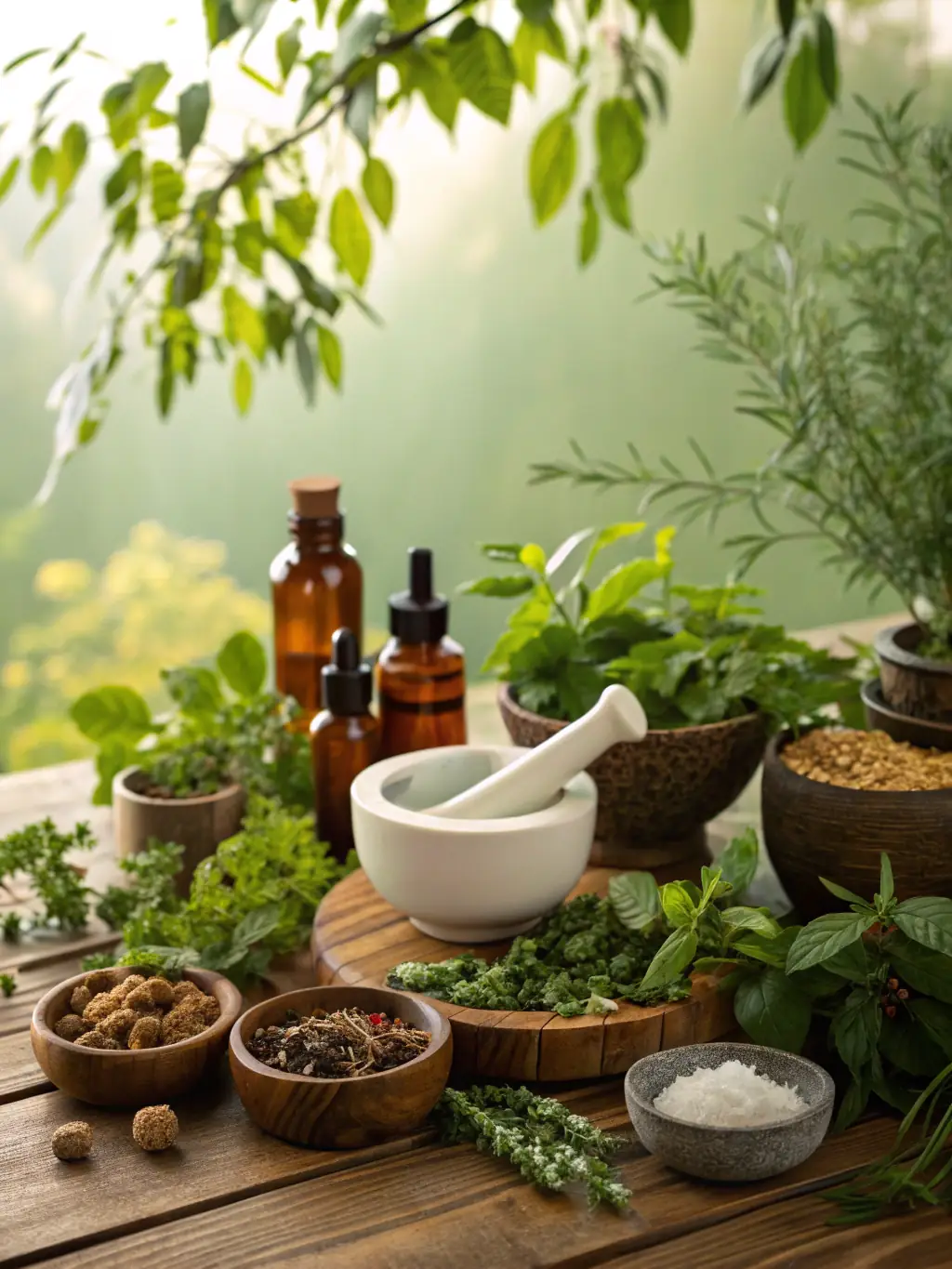 A serene image of various dried herbs and flowers arranged artfully on a wooden table, symbolizing the natural approach of herbal medicine consultations at Healing Flow.