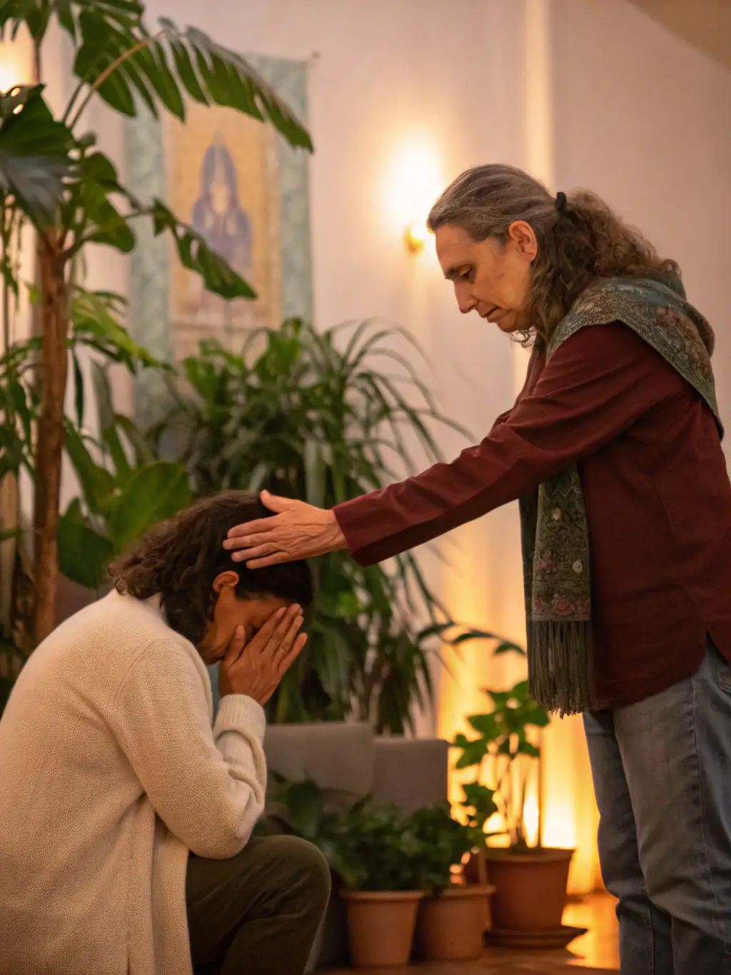 A comforting image of a person gently holding another's hand, representing the supportive and safe environment provided during trauma-informed care sessions at Healing Flow.